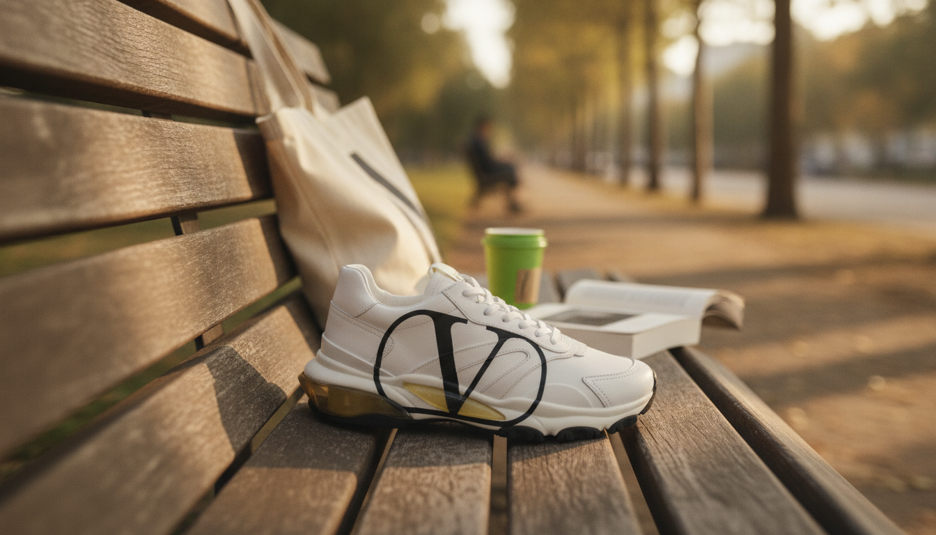 Valentino Garavani White Calfskin Sneakers: Yellow Pop
